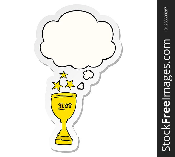 cartoon sports trophy with thought bubble as a printed sticker