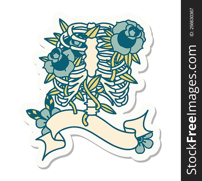 tattoo style sticker with banner of a rib cage and flowers