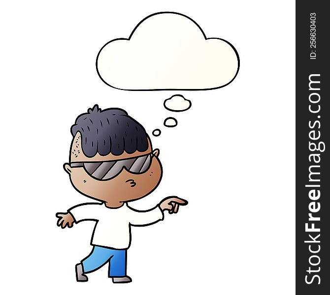 cartoon boy wearing sunglasses pointing with thought bubble in smooth gradient style