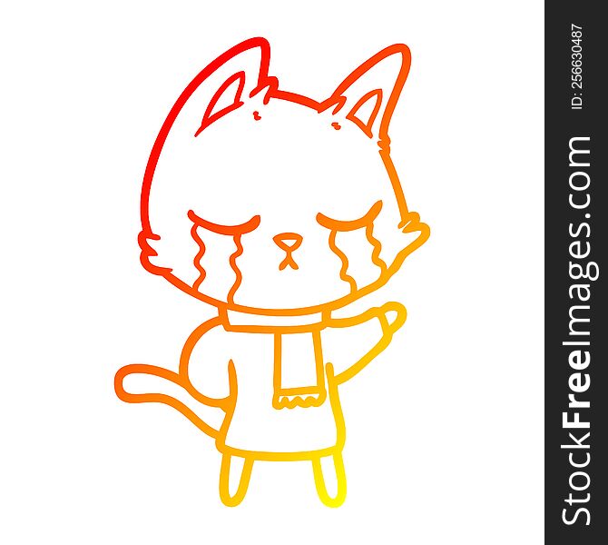 warm gradient line drawing of a crying cartoon cat wearing winter clothes