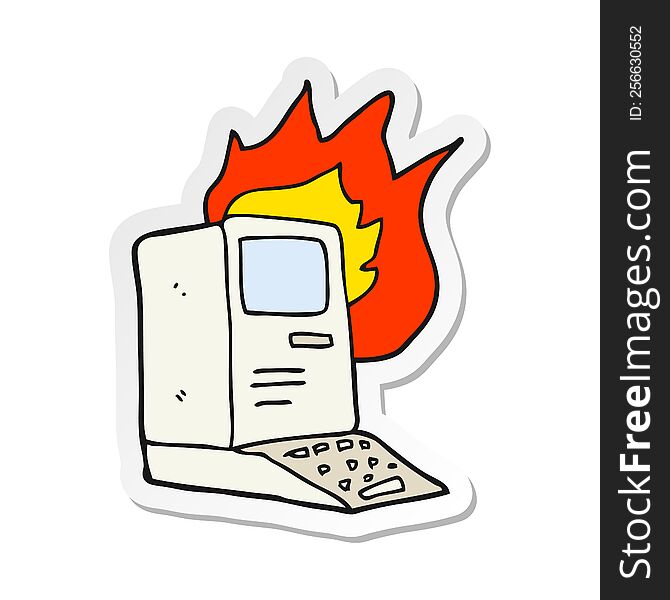 sticker of a cartoon old computer on fire