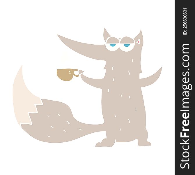 flat color illustration of a cartoon wolf with coffee cup