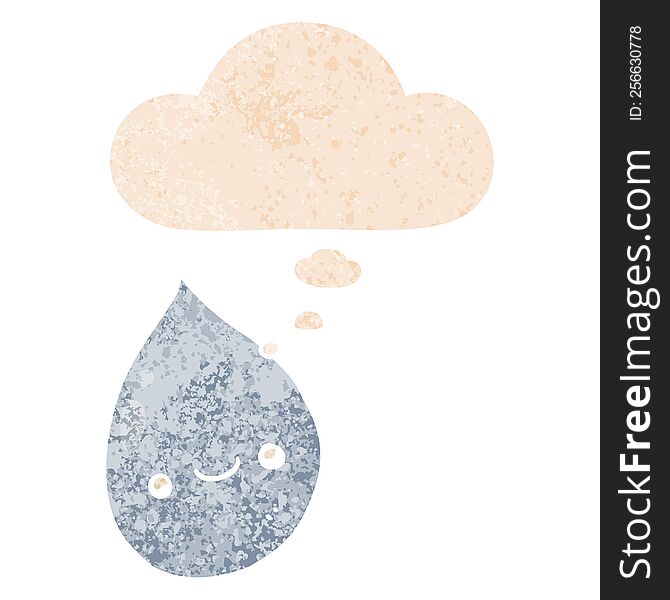cartoon raindrop with thought bubble in grunge distressed retro textured style. cartoon raindrop with thought bubble in grunge distressed retro textured style