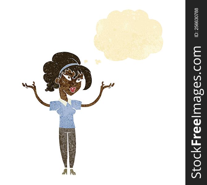 cartoon woman raising hands in air with thought bubble