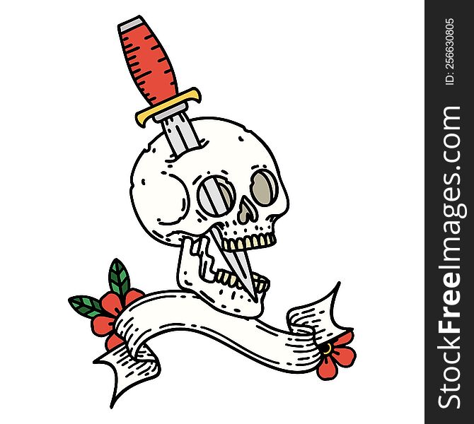 Tattoo With Banner Of A Skull And Dagger