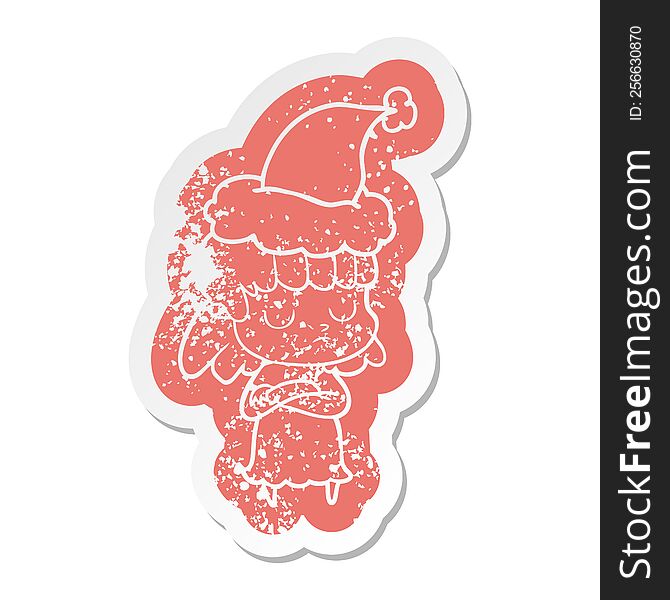 quirky cartoon distressed sticker of a indifferent woman wearing santa hat
