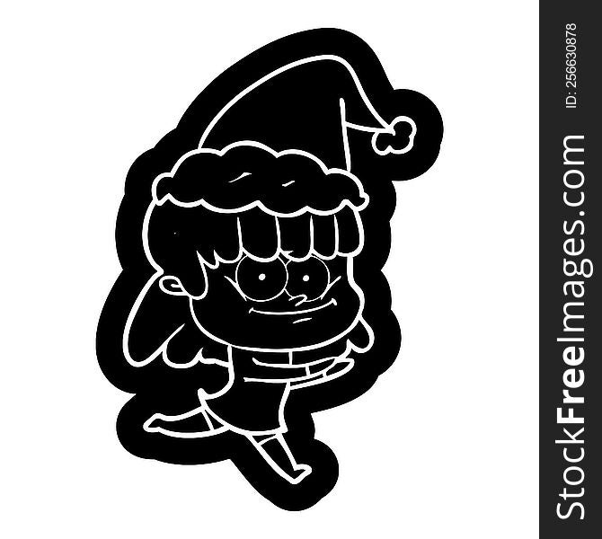 quirky cartoon icon of a smiling woman wearing santa hat