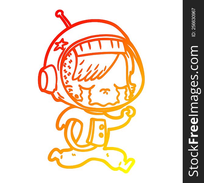 Warm Gradient Line Drawing Cartoon Crying Astronaut Girl Running