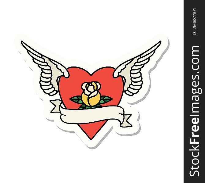 sticker of tattoo in traditional style of heart with wings a rose and banner. sticker of tattoo in traditional style of heart with wings a rose and banner