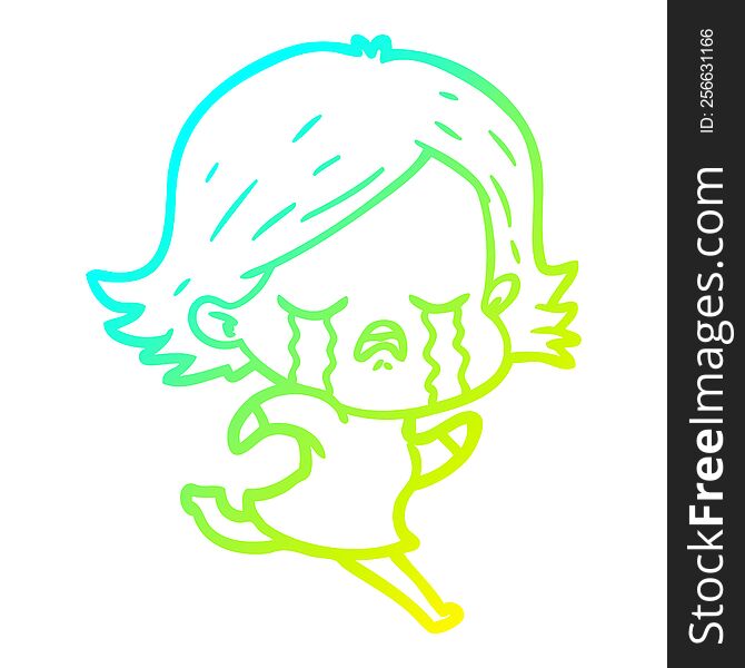 Cold Gradient Line Drawing Cartoon Girl Crying Whilst Running