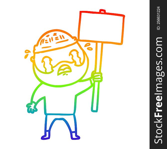 Rainbow Gradient Line Drawing Cartoon Bearded Protester Crying