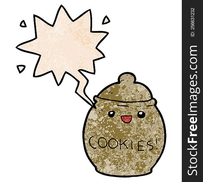 cute cartoon cookie jar with speech bubble in retro texture style