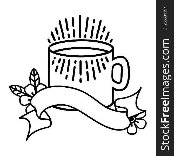Black Linework Tattoo With Banner Of Cup Of Coffee