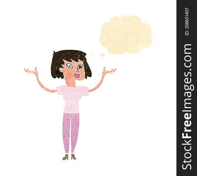 Cartoon Woman Holding Up Hands With Thought Bubble