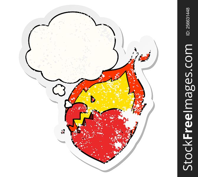 cartoon flaming heart with thought bubble as a distressed worn sticker