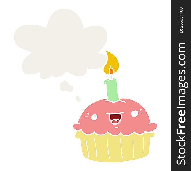 cartoon cupcake with candle and thought bubble in retro style