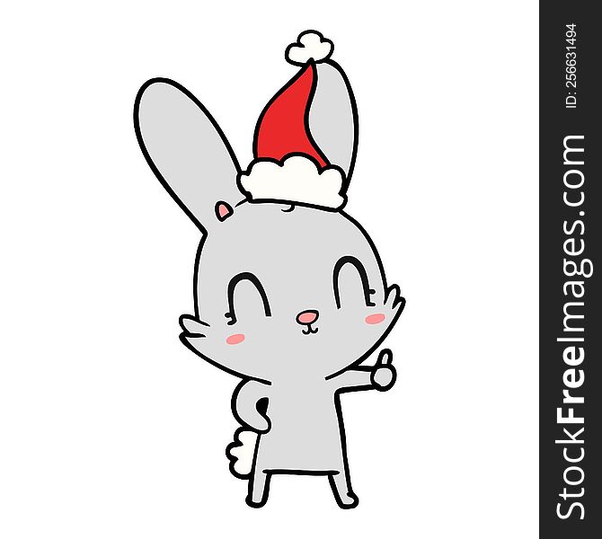 Cute Line Drawing Of A Rabbit Wearing Santa Hat