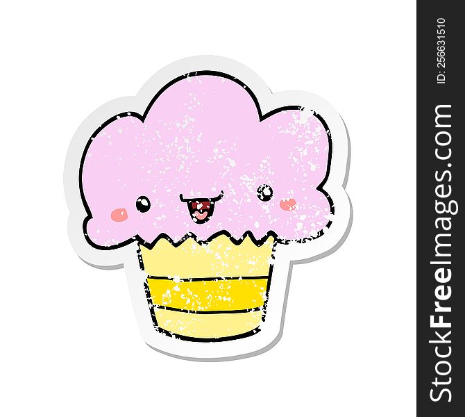 Distressed Sticker Of A Cartoon Cupcake With Face