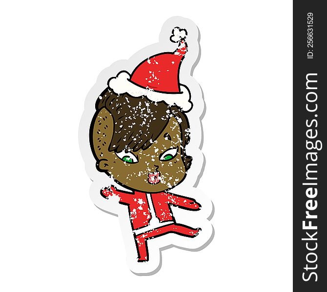 distressed sticker cartoon of a surprised girl in science fiction clothes wearing santa hat