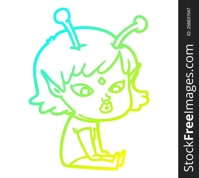 Cold Gradient Line Drawing Pretty Cartoon Alien Girl