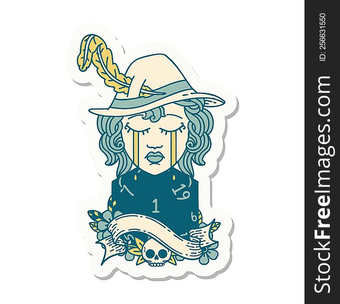 sticker of a crying human druid character with natural one D20 roll. sticker of a crying human druid character with natural one D20 roll