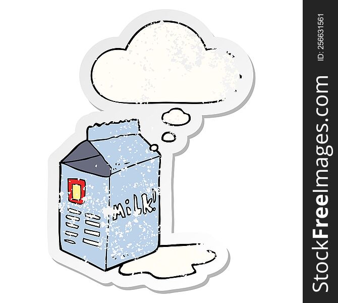 cartoon milk carton with thought bubble as a distressed worn sticker