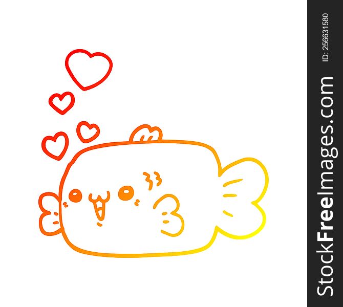 warm gradient line drawing of a cute cartoon fish with love hearts