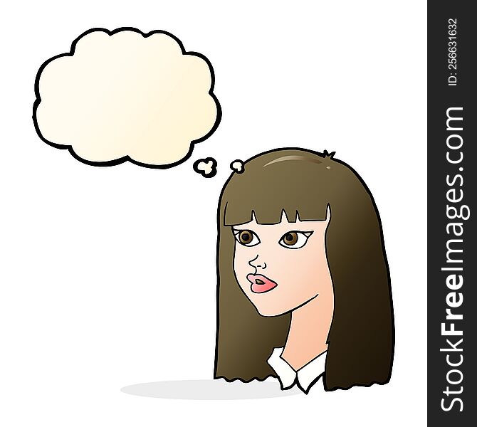 cartoon pretty girl with long hair with thought bubble