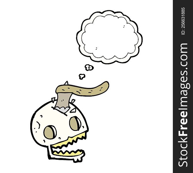 freehand drawn thought bubble cartoon axe in skull