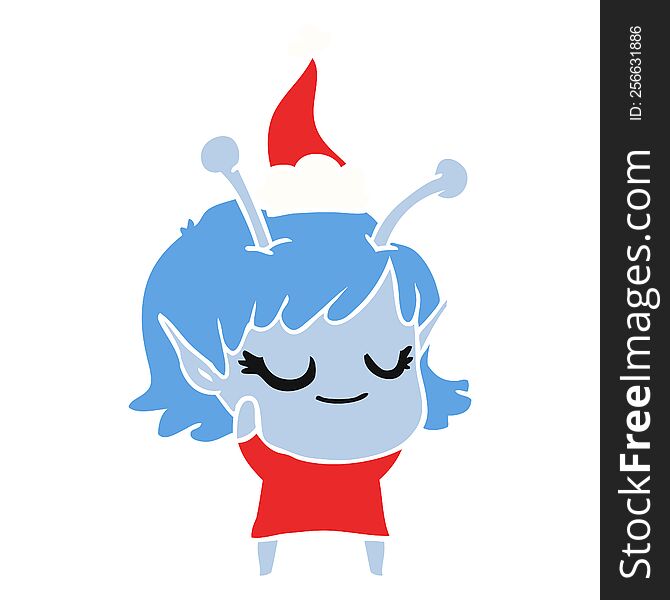 Smiling Alien Girl Flat Color Illustration Of A Wearing Santa Hat