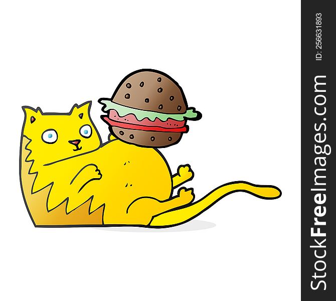 freehand drawn cartoon fat cat with burger