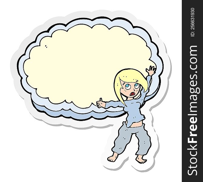 sticker of a cartoon stressed out woman in front of cloud