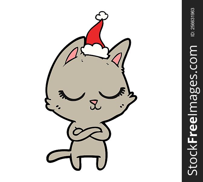 Calm Line Drawing Of A Cat Wearing Santa Hat