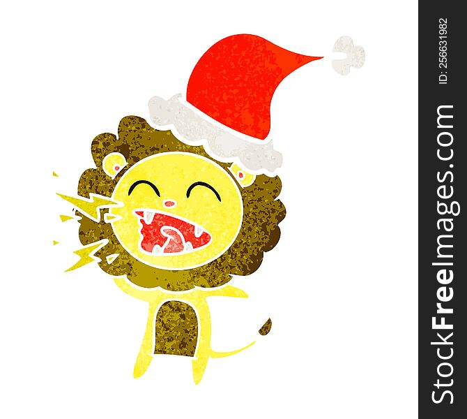 Retro Cartoon Of A Roaring Lion Wearing Santa Hat