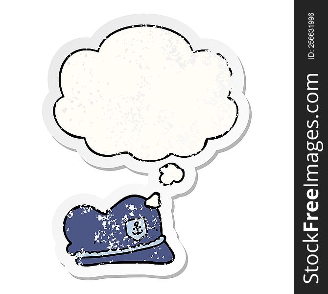 cartoon sailor hat with thought bubble as a distressed worn sticker