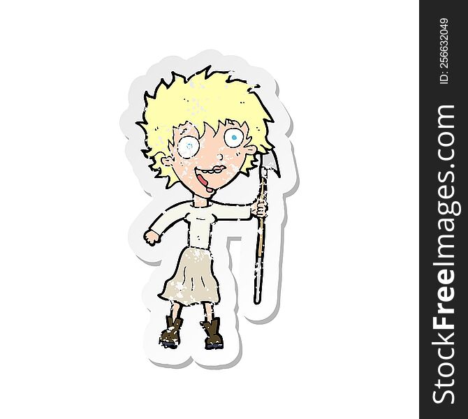 retro distressed sticker of a cartoon crazy woman with spear