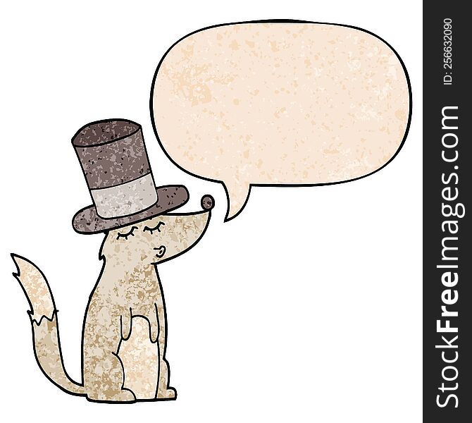 cartoon wolf whistling wearing top hat with speech bubble in retro texture style