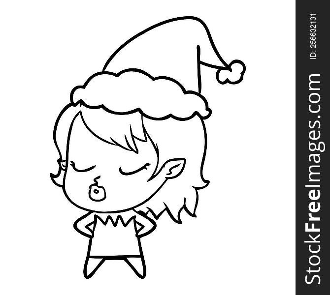 cute hand drawn line drawing of a vampire girl wearing santa hat. cute hand drawn line drawing of a vampire girl wearing santa hat