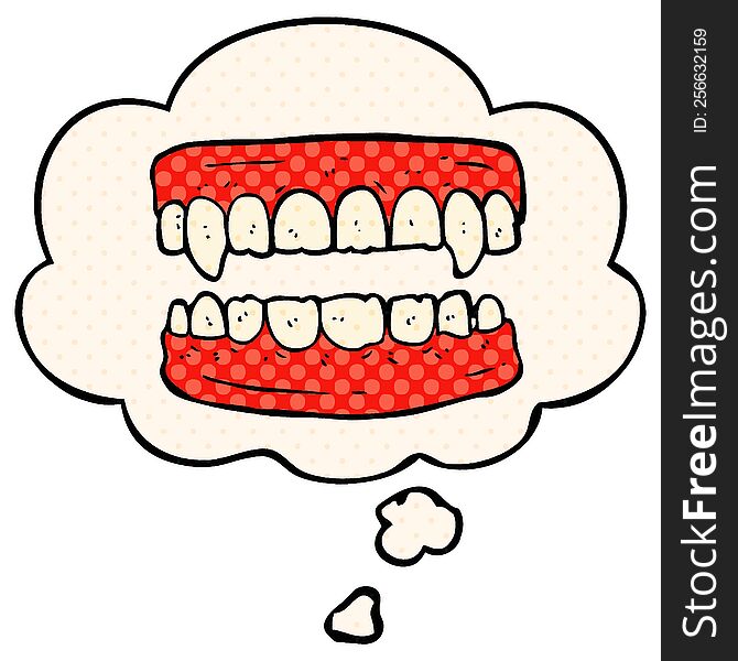 cartoon vampire teeth with thought bubble in comic book style