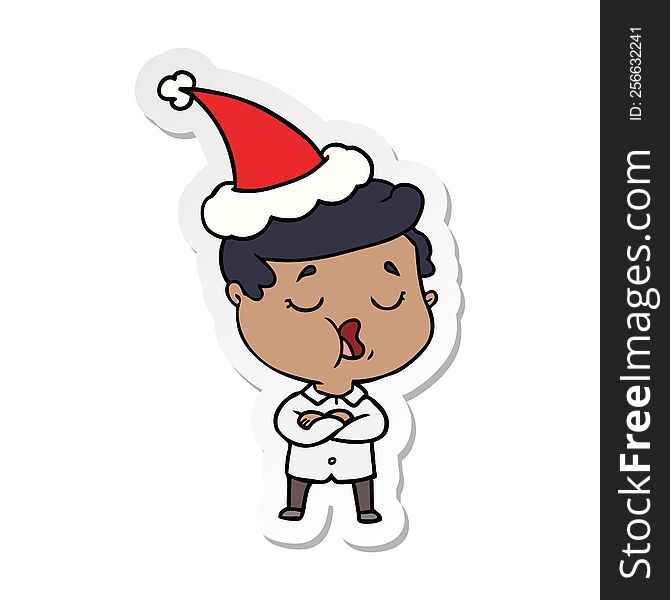 hand drawn sticker cartoon of a man talking wearing santa hat