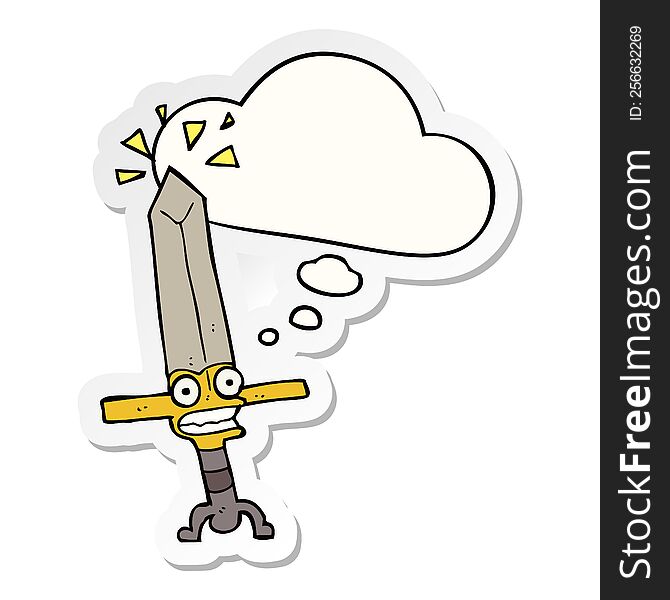 cartoon magic sword with thought bubble as a printed sticker