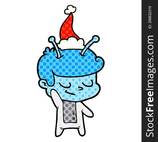 Friendly Comic Book Style Illustration Of A Spaceman Wearing Santa Hat