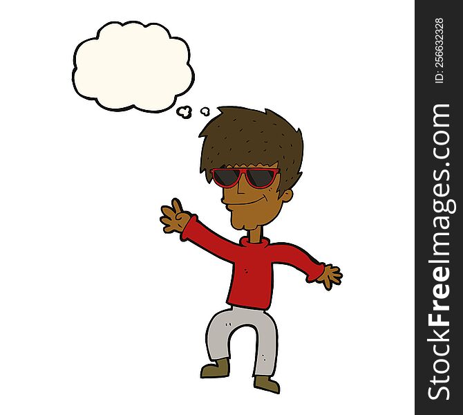 Cartoon Waving Cool Guy With Thought Bubble