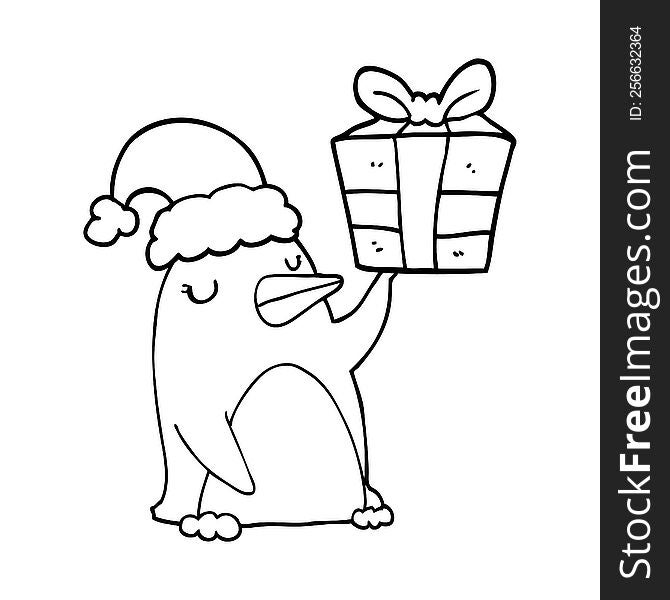cartoon penguin with christmas present