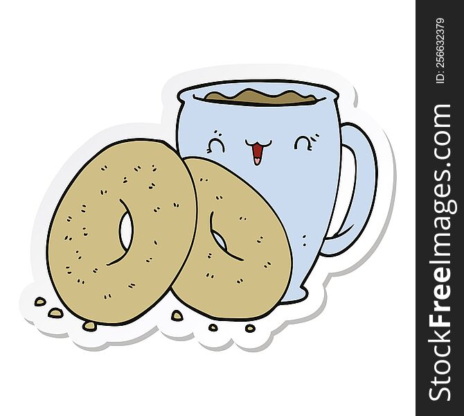 sticker of a cartoon coffee and donuts