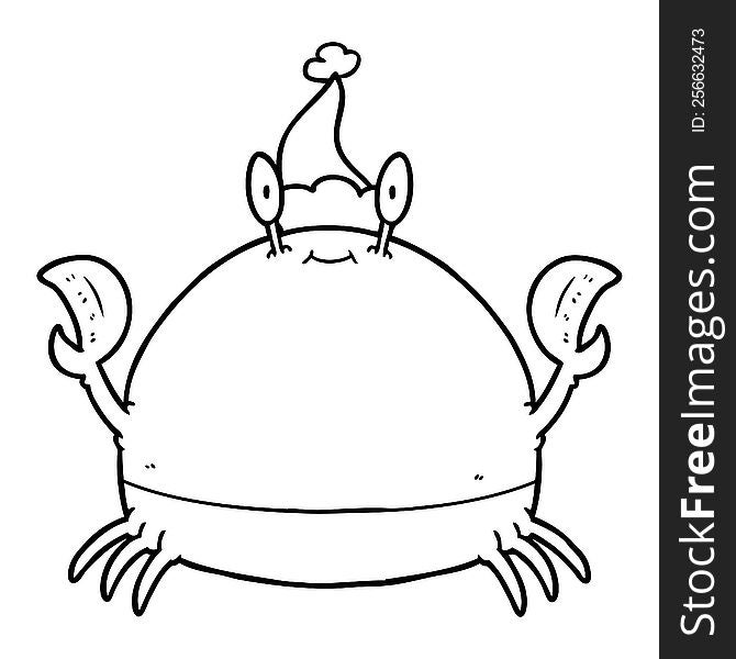 line drawing of a crab wearing santa hat