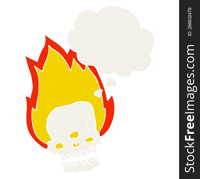 Spooky Cartoon Flaming Skull And Thought Bubble In Retro Style
