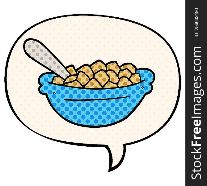 cartoon cereal bowl with speech bubble in comic book style