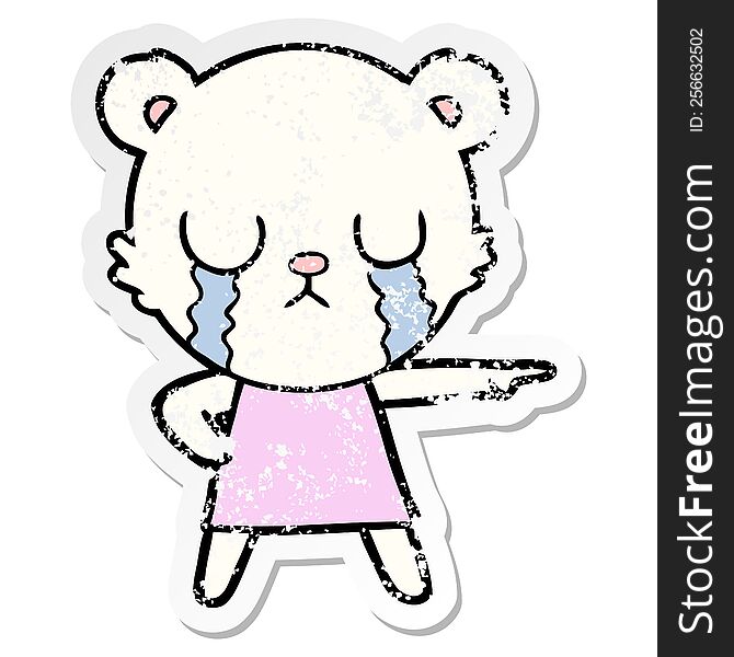 Distressed Sticker Of A Crying Polar Bear In Dress Pointing
