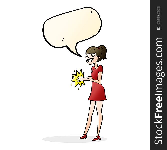 Cartoon Woman Clapping Hands With Speech Bubble